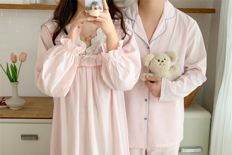 Couple Matching Long Sleeve V-Neck Striped Ruffle Pajama Dress / Collared Pajama Shirt / Straight Leg Pants / Set (Various Designs)