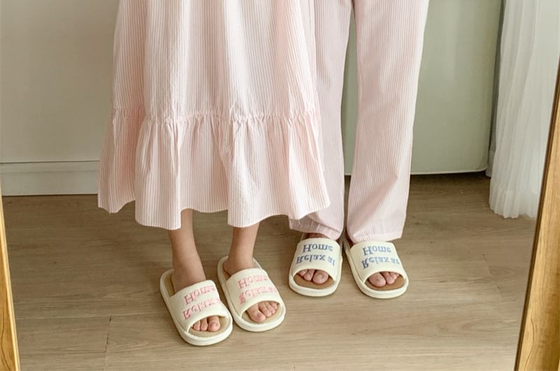 Couple Matching Long Sleeve V-Neck Striped Ruffle Pajama Dress / Collared Pajama Shirt / Straight Leg Pants / Set (Various Designs)