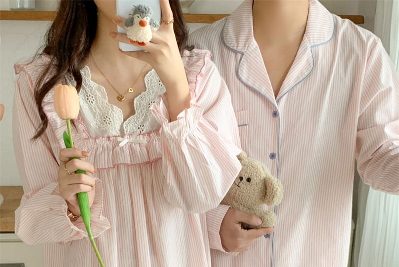 Couple Matching Long Sleeve V-Neck Striped Ruffle Pajama Dress / Collared Pajama Shirt / Straight Leg Pants / Set (Various Designs)