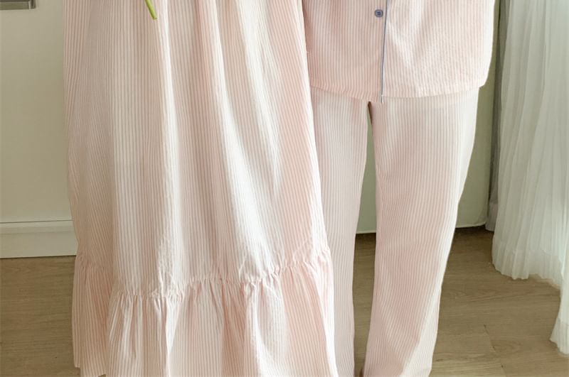Couple Matching Long Sleeve V-Neck Striped Ruffle Pajama Dress / Collared Pajama Shirt / Straight Leg Pants / Set (Various Designs)