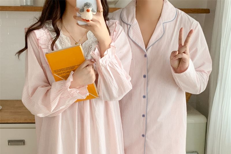 Couple Matching Long Sleeve V-Neck Striped Ruffle Pajama Dress / Collared Pajama Shirt / Straight Leg Pants / Set (Various Designs)