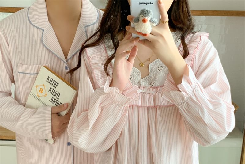 Couple Matching Long Sleeve V-Neck Striped Ruffle Pajama Dress / Collared Pajama Shirt / Straight Leg Pants / Set (Various Designs)
