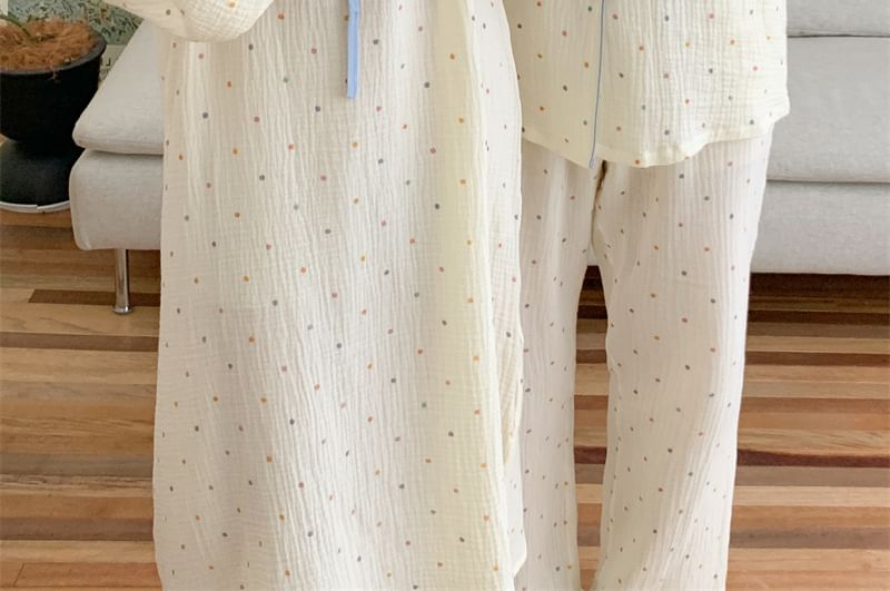 Couple Matching Long Sleeve Tie Neck Dotted Pajama Dress / Pajama Top / Straight Leg Pants / Set (Various Designs)