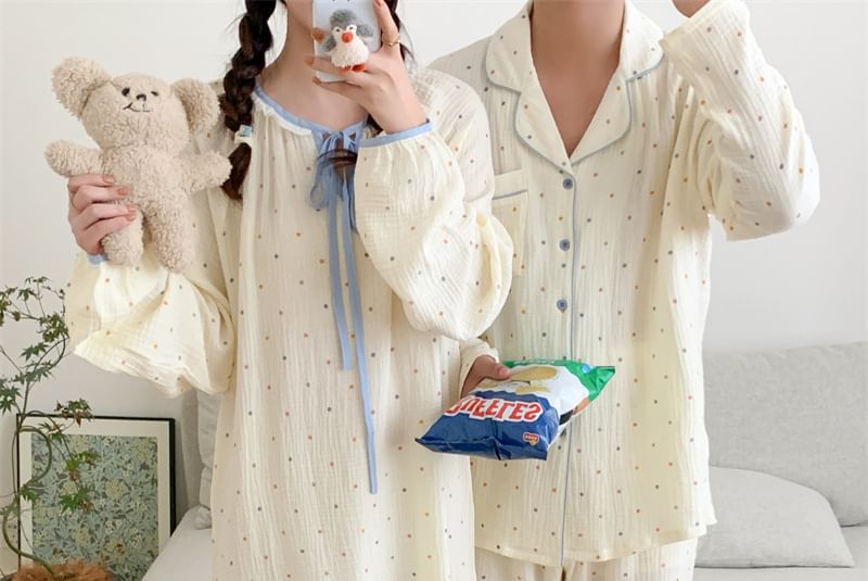 Couple Matching Long Sleeve Tie Neck Dotted Pajama Dress / Pajama Top / Straight Leg Pants / Set (Various Designs)