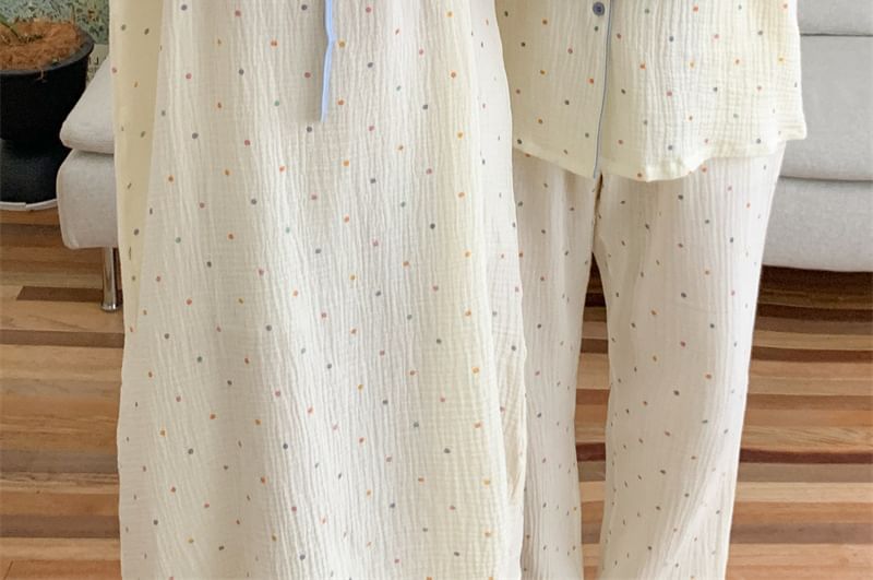 Couple Matching Long Sleeve Tie Neck Dotted Pajama Dress / Pajama Top / Straight Leg Pants / Set (Various Designs)