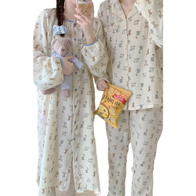 Couple Matching Long-Sleeve Cartoon Print Button-Up Midi Pajama Dress / Top / Pants / Set