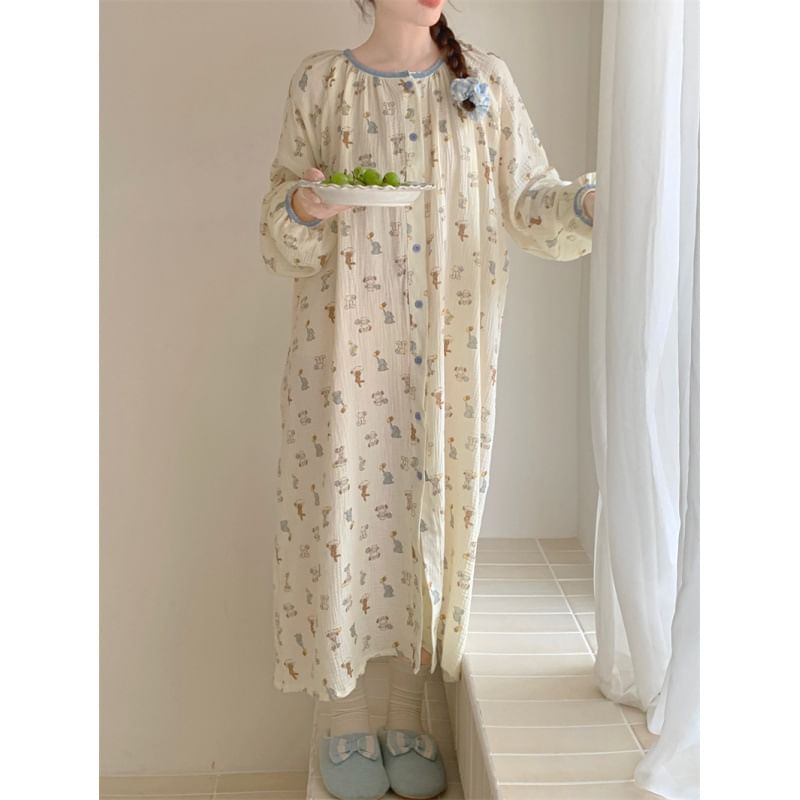 Couple Matching Long-Sleeve Cartoon Print Button-Up Midi Pajama Dress / Top / Pants / Set