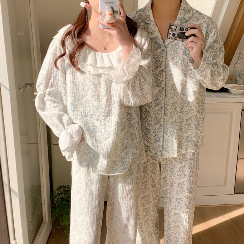 Couple Matching Long-Sleeve Floral Print Midi Pajama Dress / Top / Pants / Set (Various Designs)