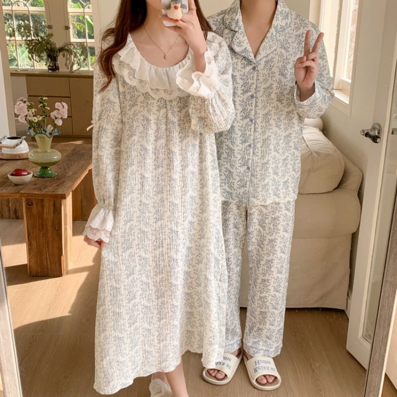 Couple Matching Long-Sleeve Floral Print Midi Pajama Dress / Top / Pants / Set (Various Designs)