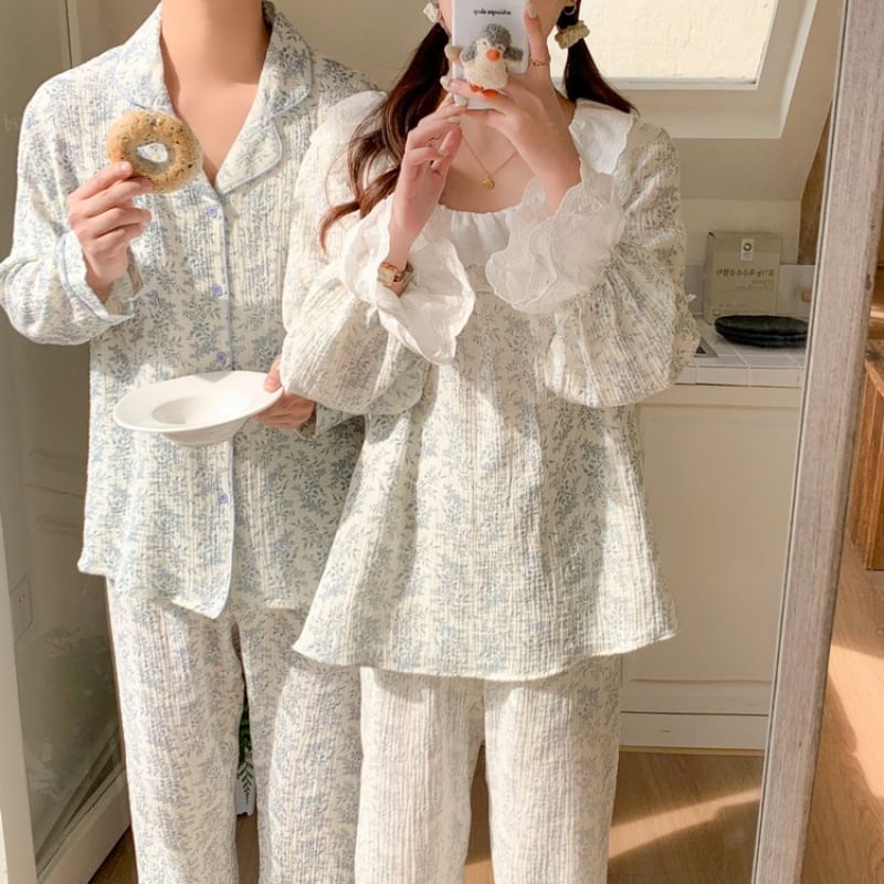 Couple Matching Long-Sleeve Floral Print Midi Pajama Dress / Top / Pants / Set (Various Designs)