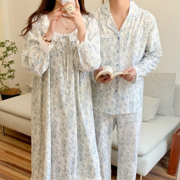 Couple Matching Long-Sleeve Scoop Floral Print Midi Pajama Dress / Lapel Collar Button-Up Top / Pants / Set (Various Designs)