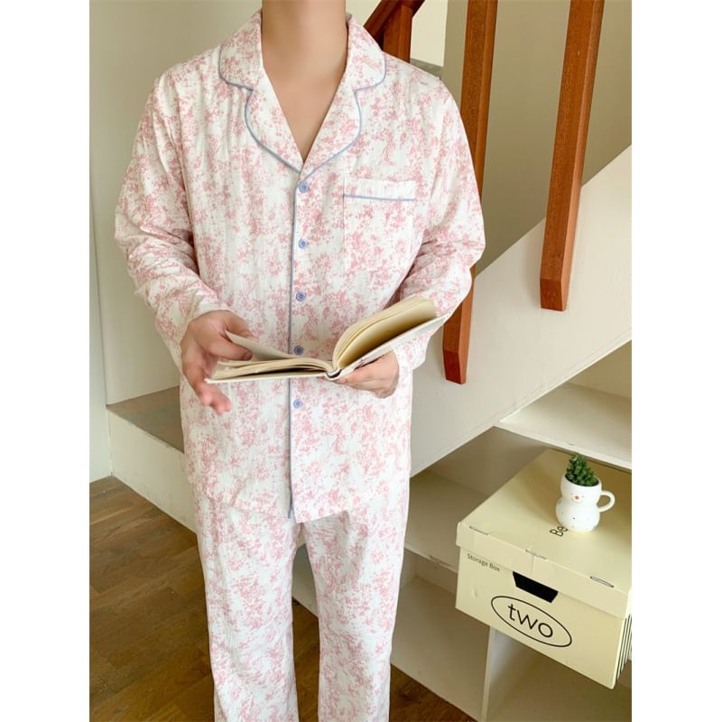 Couple Matching Long-Sleeve Scoop Floral Print Midi Pajama Dress / Lapel Collar Button-Up Top / Pants / Set (Various Designs)