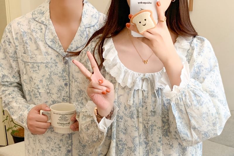Couple Matching Long-Sleeve Scoop Floral Print Midi Pajama Dress / Lapel Collar Button-Up Top / Pants / Set (Various Designs)
