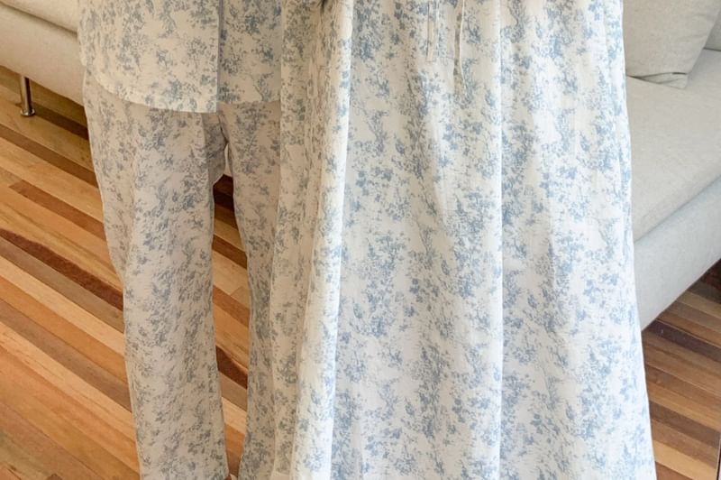 Couple Matching Long-Sleeve Scoop Floral Print Midi Pajama Dress / Lapel Collar Button-Up Top / Pants / Set (Various Designs)