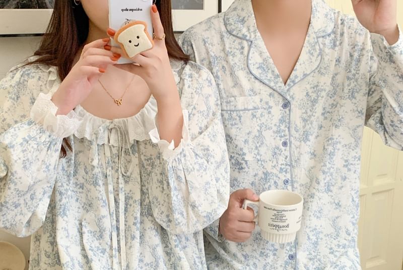 Couple Matching Long-Sleeve Scoop Floral Print Midi Pajama Dress / Lapel Collar Button-Up Top / Pants / Set (Various Designs)