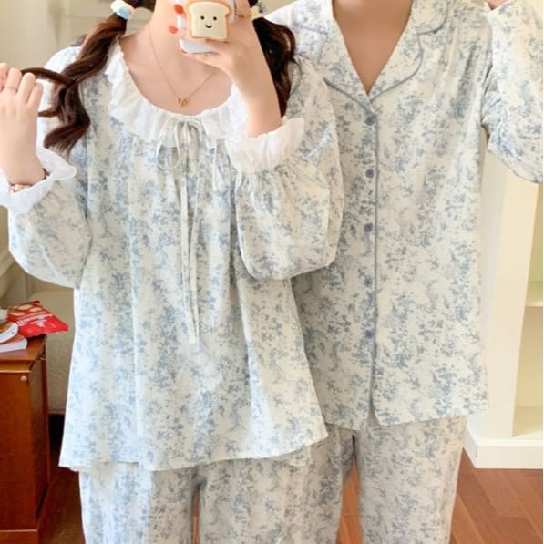 Couple Matching Pajama Set: Long-Sleeve Floral Print Top + Pants (Various Designs)