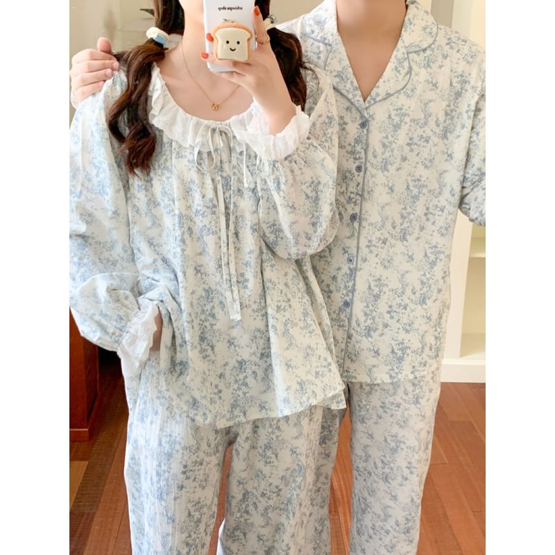 Couple Matching Pajama Set: Long-Sleeve Floral Print Top + Pants (Various Designs)