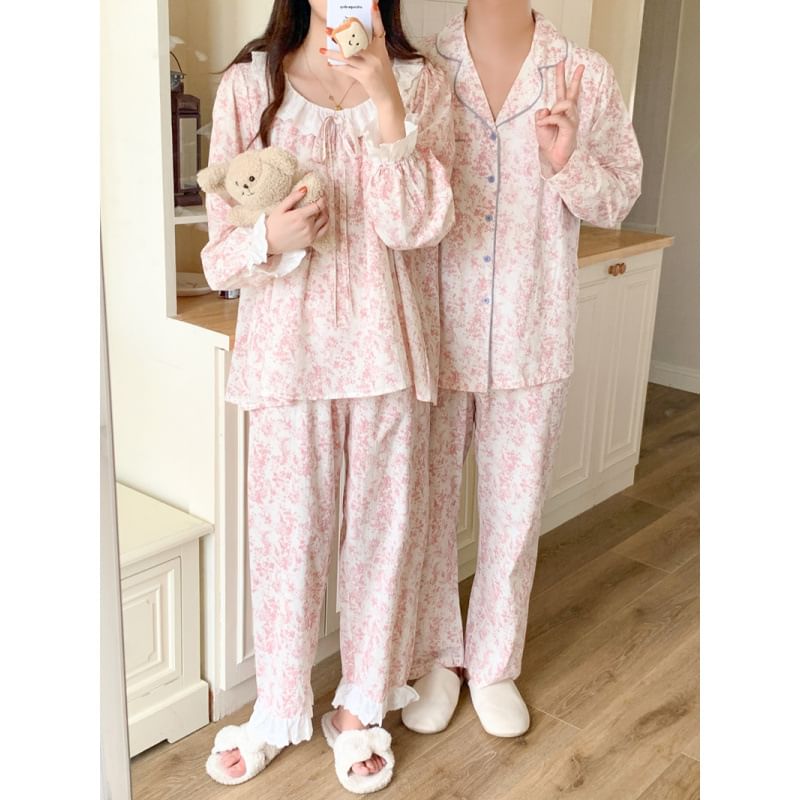 Couple Matching Pajama Set: Long-Sleeve Floral Print Top + Pants (Various Designs)