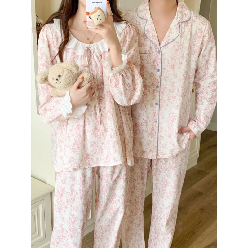 Couple Matching Pajama Set: Long-Sleeve Floral Print Top + Pants (Various Designs)