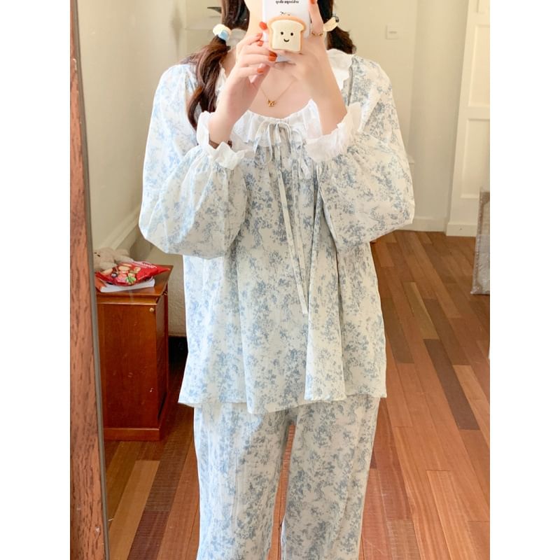 Couple Matching Pajama Set: Long-Sleeve Floral Print Top + Pants (Various Designs)