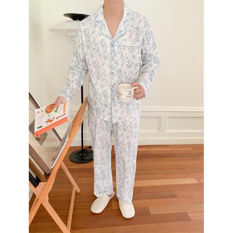 Couple Matching Pajama Set: Long-Sleeve Floral Print Top + Pants (Various Designs)