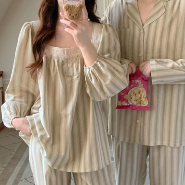 Couple Matching Long-Sleeve Striped Midi Pajama Dress / Top / Pants / Set (Various Designs)