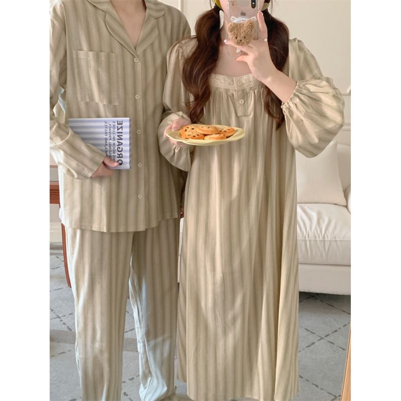 Couple Matching Long-Sleeve Striped Midi Pajama Dress / Top / Pants / Set (Various Designs)