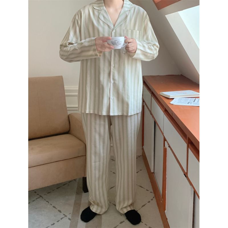 Couple Matching Long-Sleeve Striped Midi Pajama Dress / Top / Pants / Set (Various Designs)
