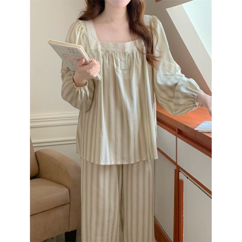 Couple Matching Long-Sleeve Striped Midi Pajama Dress / Top / Pants / Set (Various Designs)