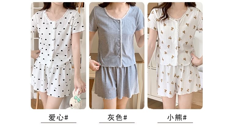 Round Neck Lace-Trim Button Cami and Shorts Pajama Set