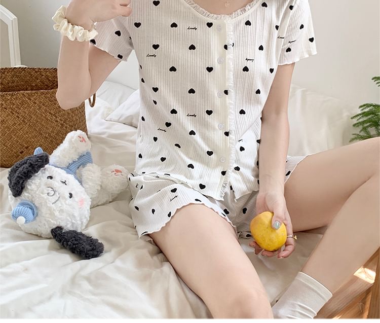 Round Neck Lace-Trim Button Cami and Shorts Pajama Set