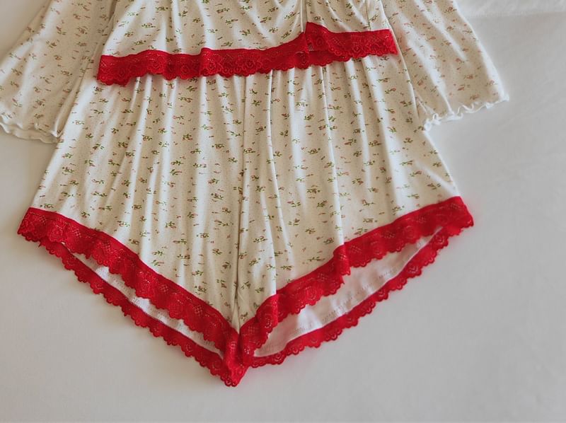 Henley Lace-Trim Camisole, Open Jacket, and Shorts Pajama Set