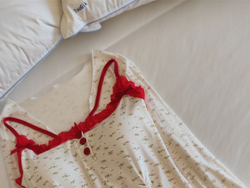 Henley Lace-Trim Camisole, Open Jacket, and Shorts Pajama Set