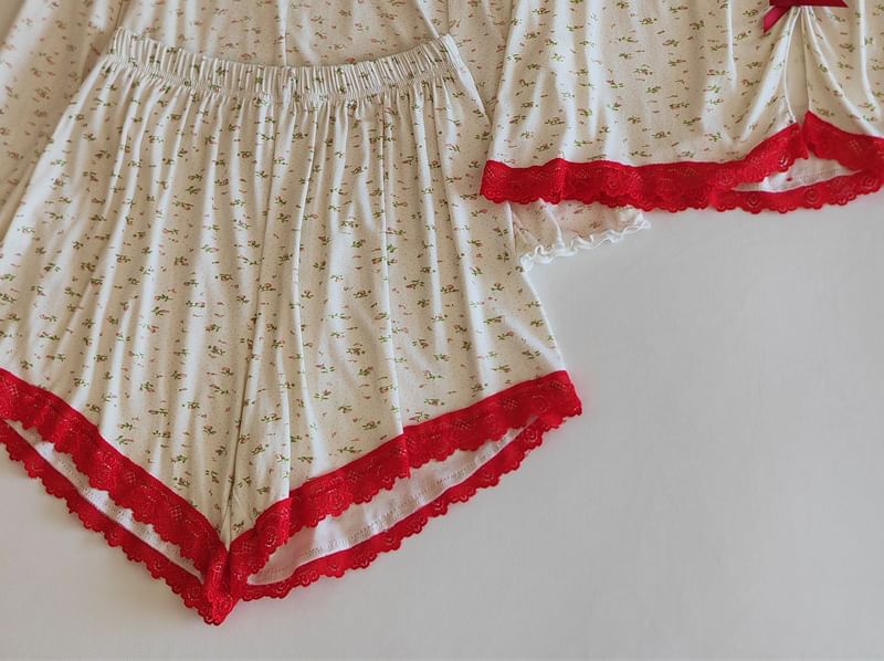 Henley Lace-Trim Camisole, Open Jacket, and Shorts Pajama Set