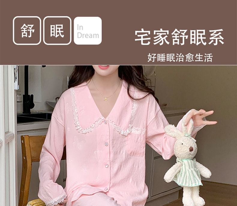 Collar Lace-Trim Long-Sleeve Button Top and Pants Pajama Set