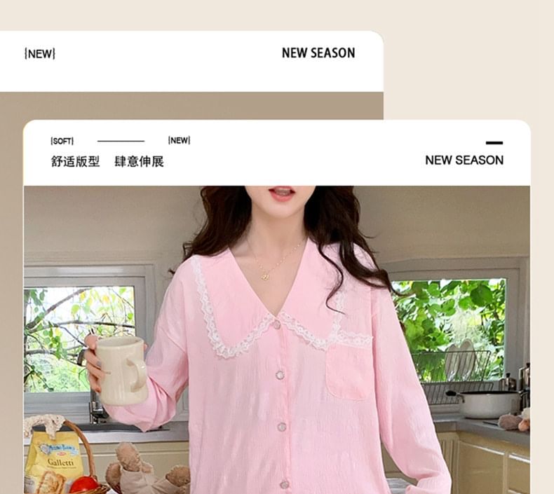 Collar Lace-Trim Long-Sleeve Button Top and Pants Pajama Set