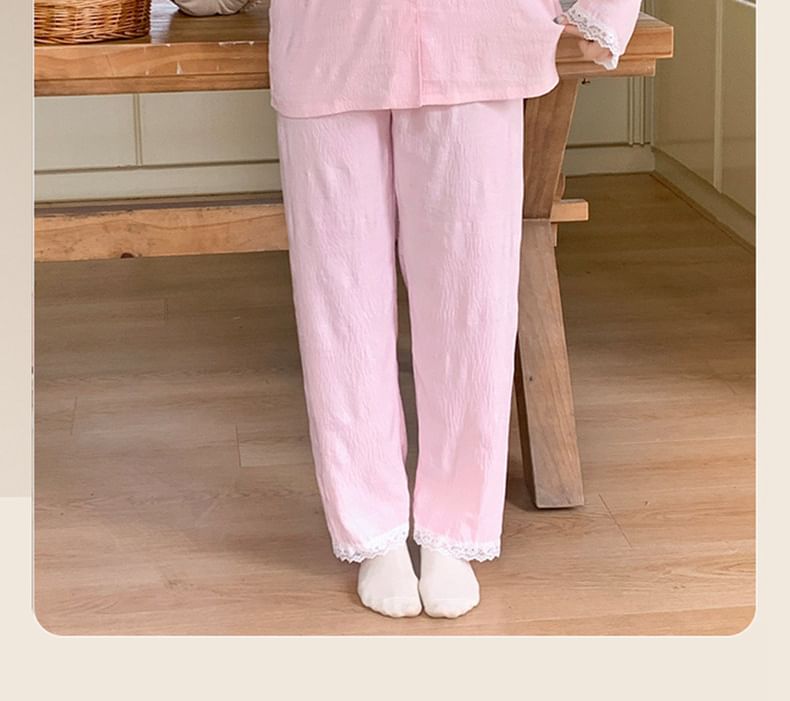 Collar Lace-Trim Long-Sleeve Button Top and Pants Pajama Set