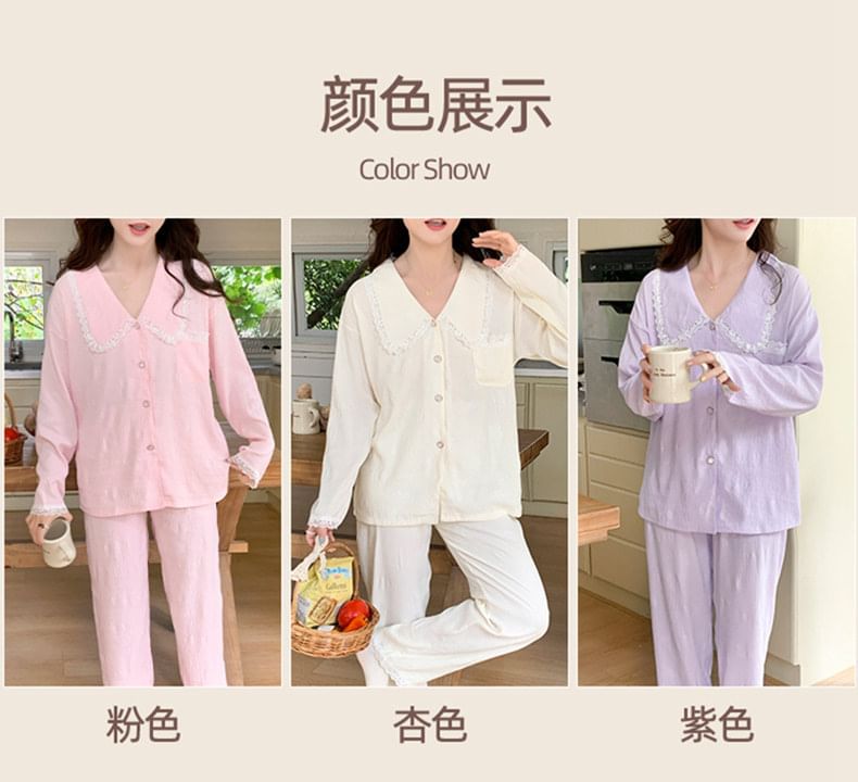Collar Lace-Trim Long-Sleeve Button Top and Pants Pajama Set