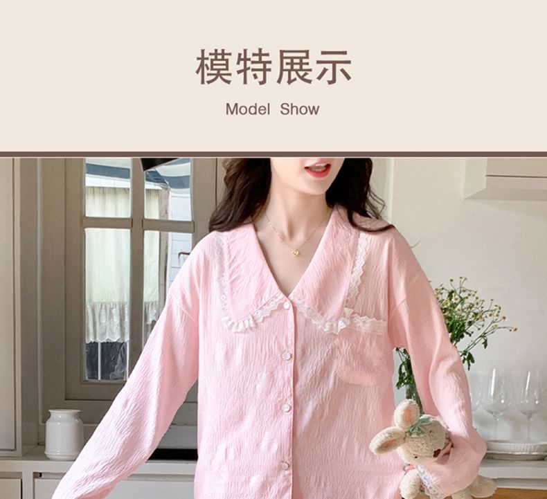 Collar Lace-Trim Long-Sleeve Button Top and Pants Pajama Set