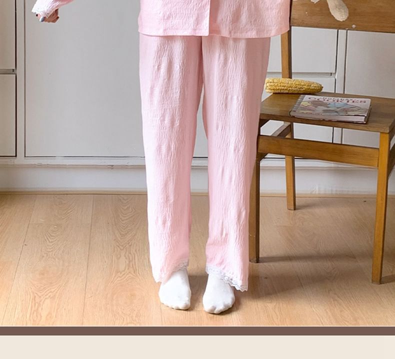Collar Lace-Trim Long-Sleeve Button Top and Pants Pajama Set