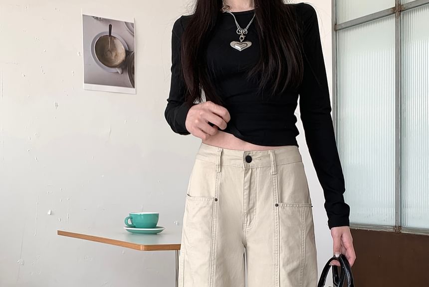 Mid Waist Plain Baggy Cargo Pants