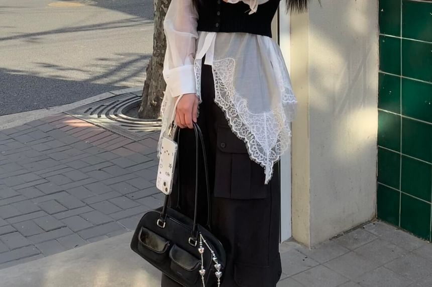 Cropped Cami and Sheer Lace-Trimmed Long-Sleeve Shirt Set