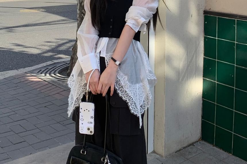 Cropped Cami and Sheer Lace-Trimmed Long-Sleeve Shirt Set