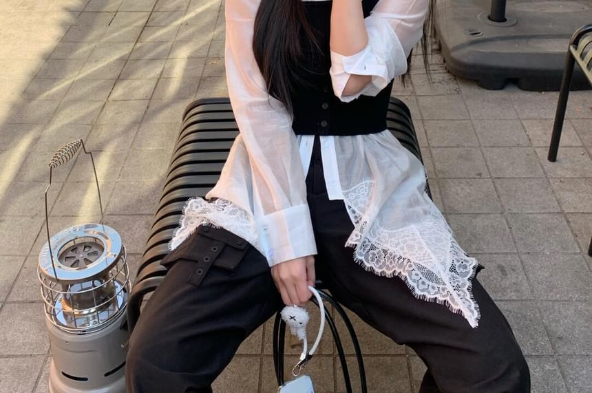 Cropped Cami and Sheer Lace-Trimmed Long-Sleeve Shirt Set