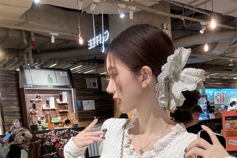 V-Neck Long-Sleeve Ruffle Lace-Trim Peplum Tee