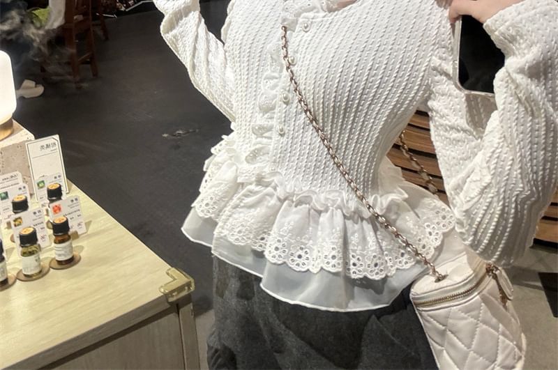 V-Neck Long-Sleeve Ruffle Lace-Trim Peplum Tee