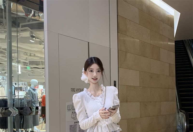 V-Neck Long-Sleeve Ruffle Lace-Trim Peplum Tee