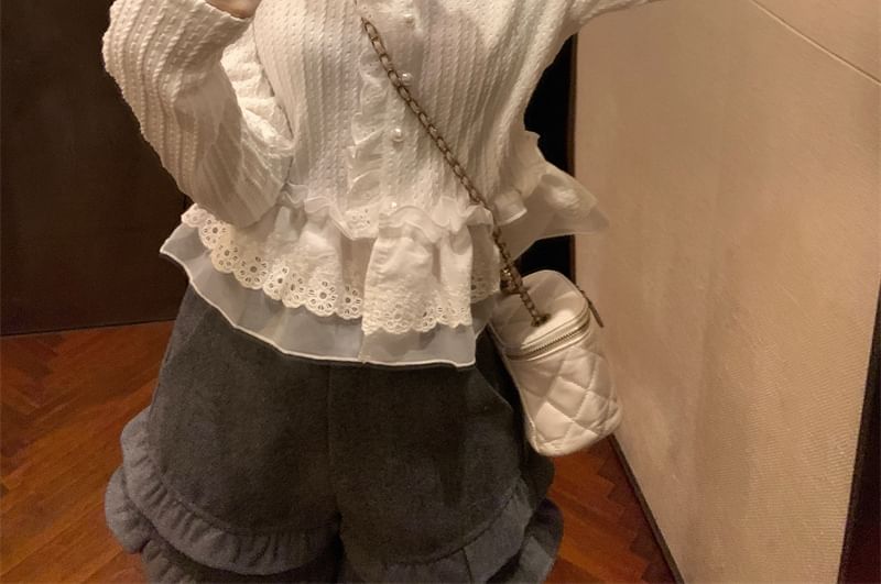 V-Neck Long-Sleeve Ruffle Lace-Trim Peplum Tee