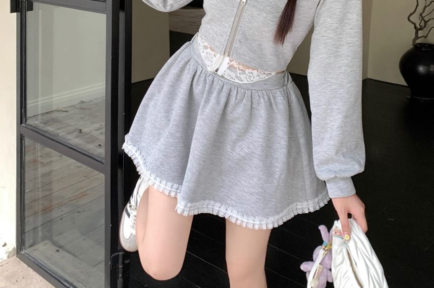 Frill-Trimmed Lace Zip Hoodie and High-Waisted Mini Skirt Set