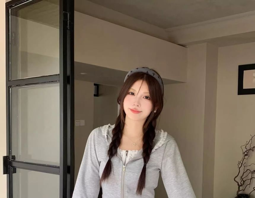 Frill-Trimmed Lace Zip Hoodie and High-Waisted Mini Skirt Set